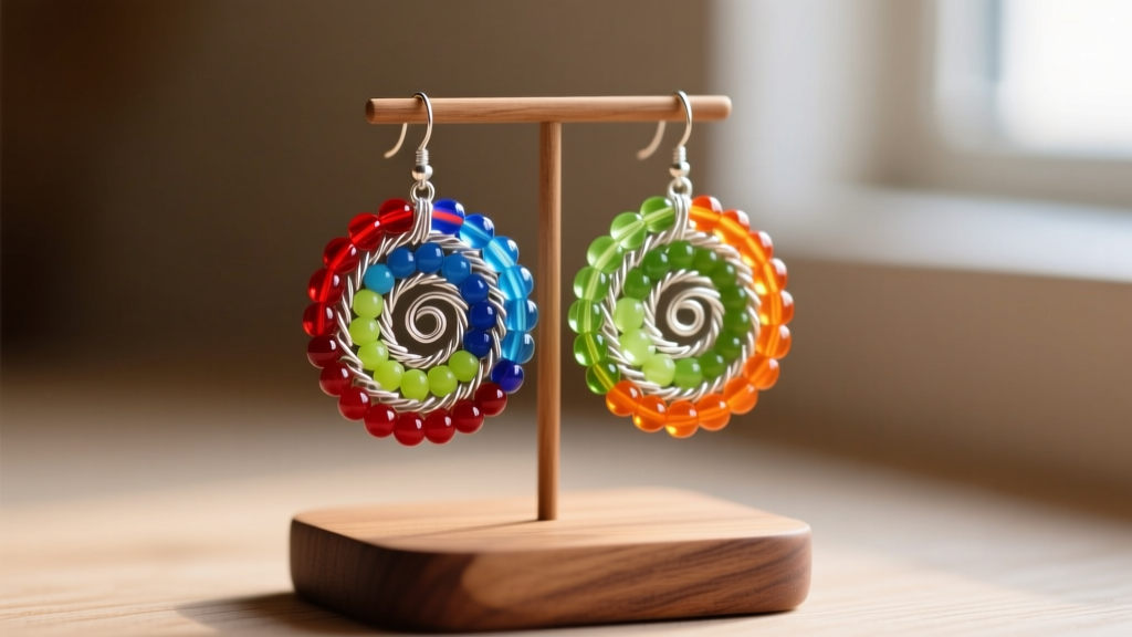 Close-up of finished rainbow beaded earrings on a wooden stand, featuring vibrant glass beads and silver wire under soft lighting.