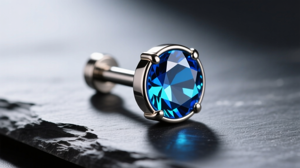 Macro shot of a 16-gauge titanium threadless labret stud with a bezel sapphire resting on dark slate with soft directional shadows