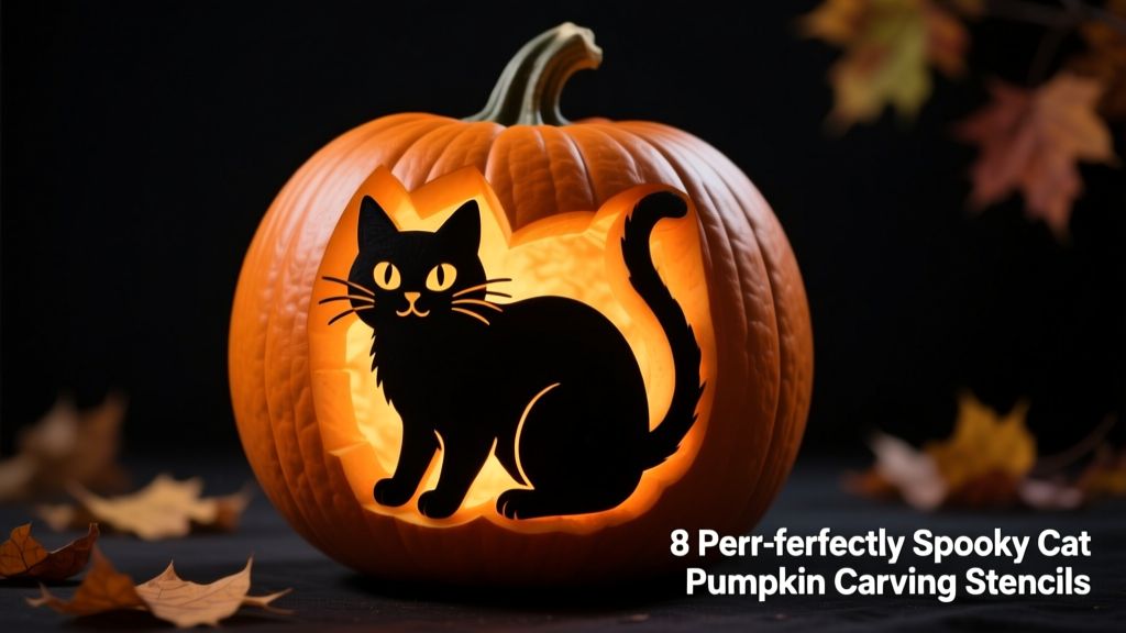 Finished carved pumpkin featuring a whimsical black cat silhouette, glowing warmly against a dark background