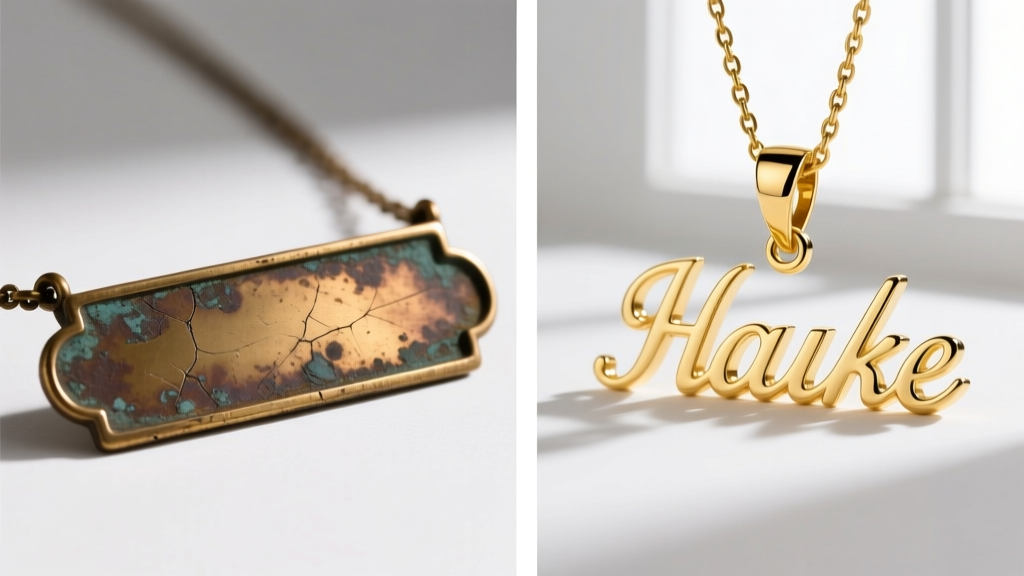 Macro split-screen of a tarnished brass name necklace next to a bright 14k solid gold custom name pendant, studio lit