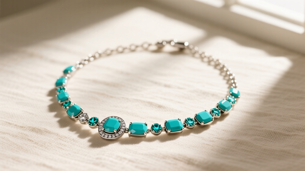 Flat lay of a Lucky Brand semi precious accents necklace featuring turquoise and silver-tone metals on a textured linen background