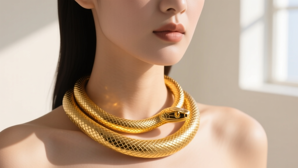 Close-up of a model wearing a 22k gold Aztec serpent necklace with hammered texture, illuminated by bright, warm natural sunlight.