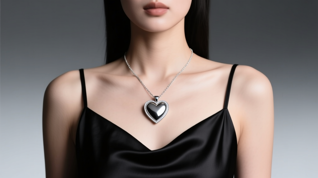 Model wearing a 40mm solid sterling silver large heart necklace over a black silk camisole in soft studio lighting