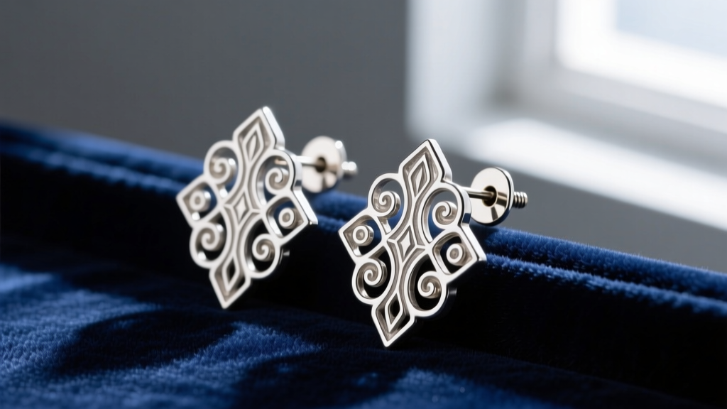 Macro shot of 1940s Art Deco sterling silver clip-on earrings on dark velvet, highlighting intricate filigree and screw-back clips