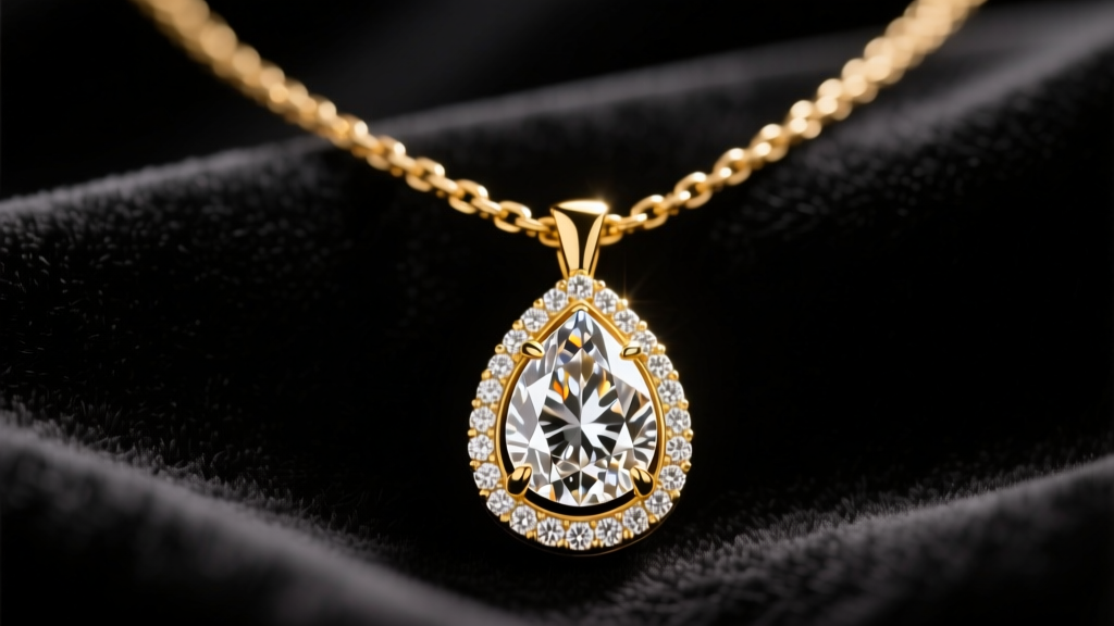 Close-up of an 18k yellow gold Jacob and Co necklace with a large pear-shaped diamond pendant and pavé halo resting on dark velvet.