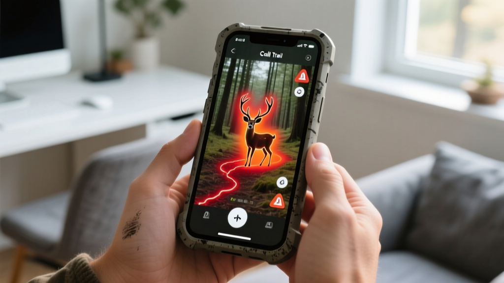 Close-up of a rugged smartphone displaying a cellular trail camera app with AI-generated deer movement heatmaps and alerts