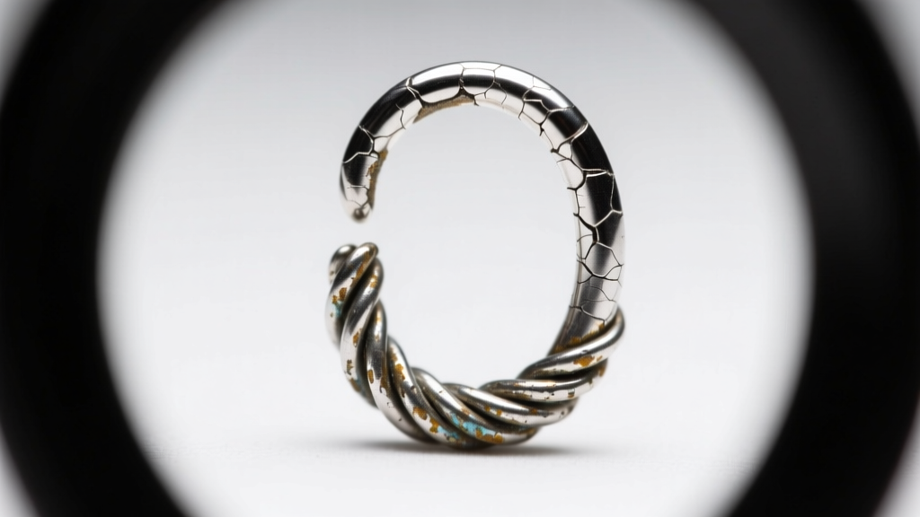 Close-up of a 22-gauge earring hook wire loop showing micro-fractures and flaking silver plating under a 10x jeweler loupe
