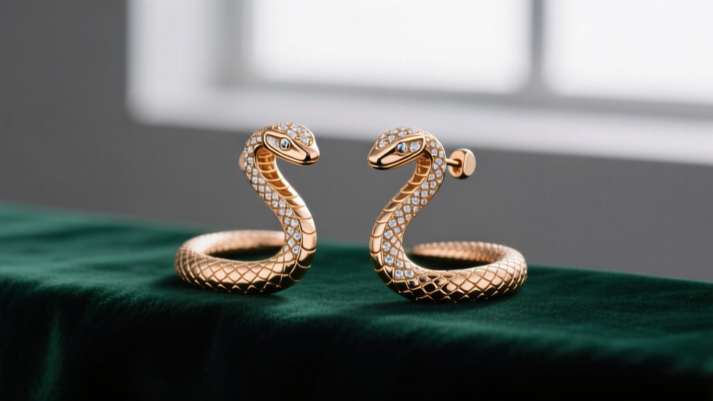 18k rose gold Bvlgari Serpenti Viper earrings resting on dark green velvet, soft studio lighting highlighting pavé diamond scales.