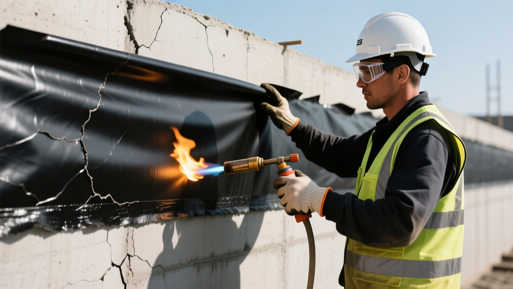 Close-up of a thick black SBS-modified bitumen sheet membrane being torch-applied to a poured concrete foundation wall by a worker in safety gear