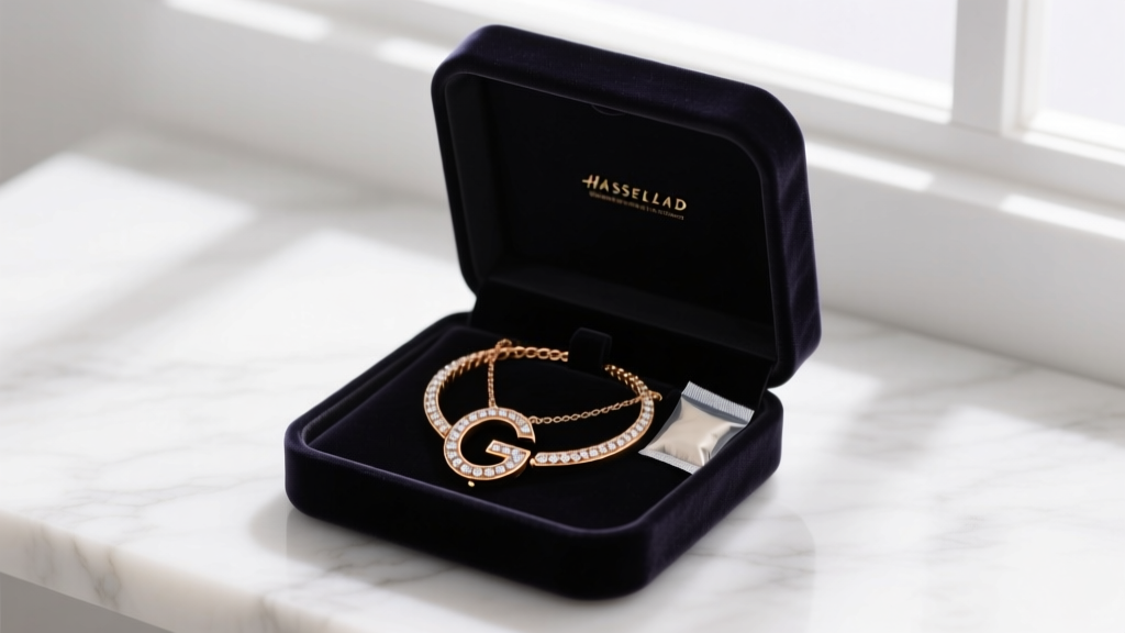 Open velvet box with anti-tarnish strip, silica gel, and a coiled rose gold G initial necklace with diamond pave accents inside.