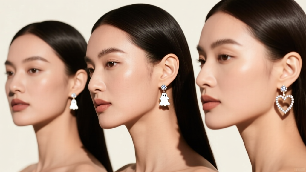 Three different face shapes wearing BaubleBar Ghost drop earrings, highlighting jawline angles and cheekbone styling techniques