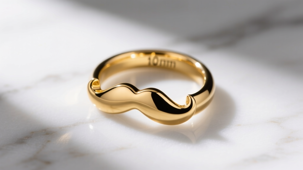 Calipers measuring a 10mm 14-gauge solid gold mustache septum ring resting on a clean white marble surface under bright studio light