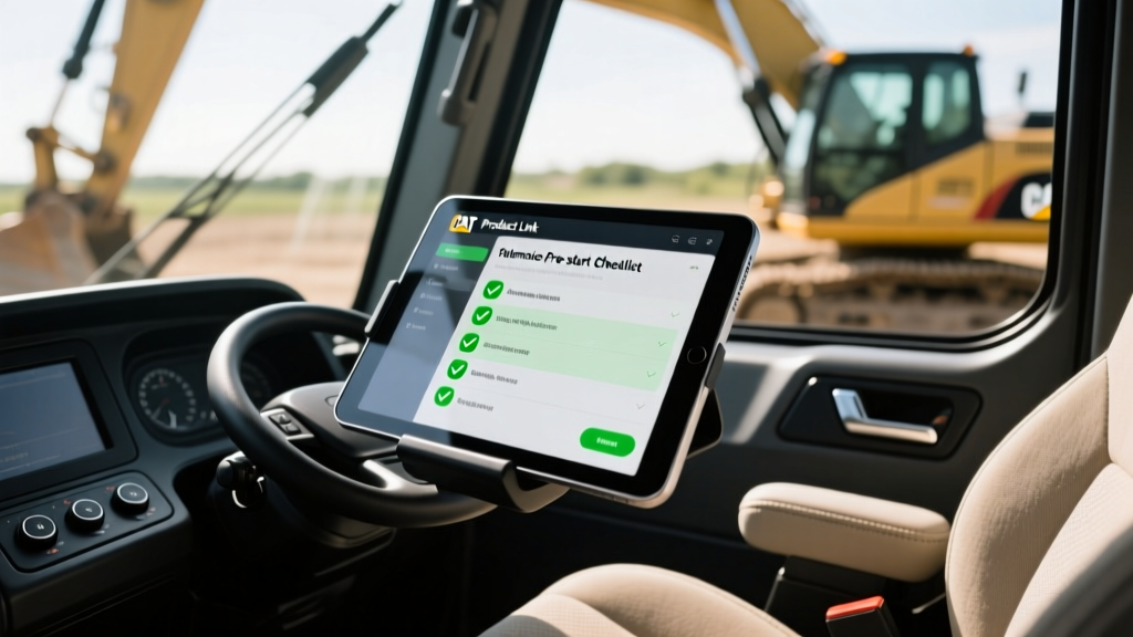 Digital tablet displaying a CAT Product Link telematics pre-start checklist with green checkmarks inside a modern excavator cab
