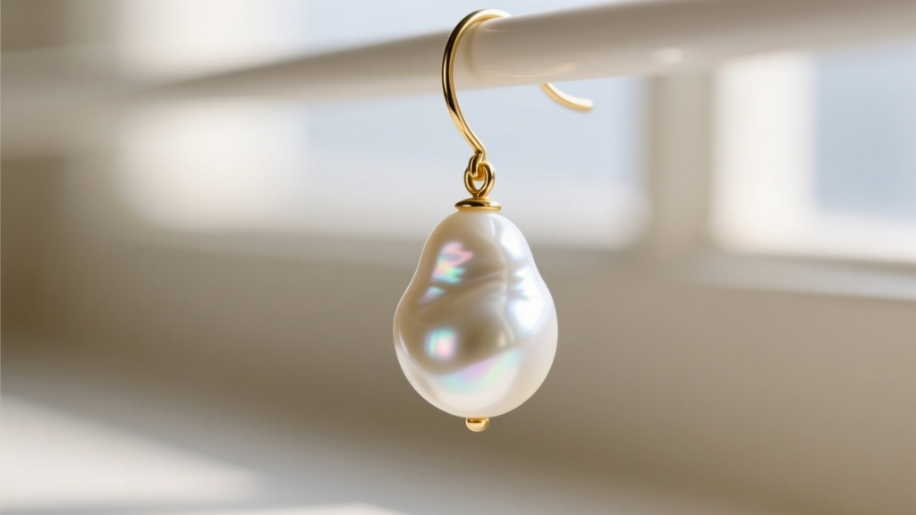Close-up of a 15mm white baroque pearl drop earring on a woman