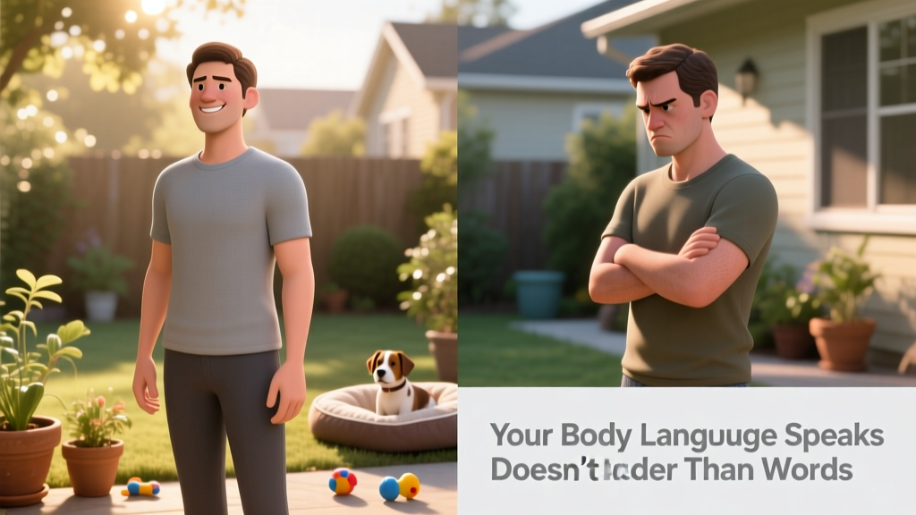 Side-by-side comparison showing confident, relaxed human posture versus tense, inconsistent signals