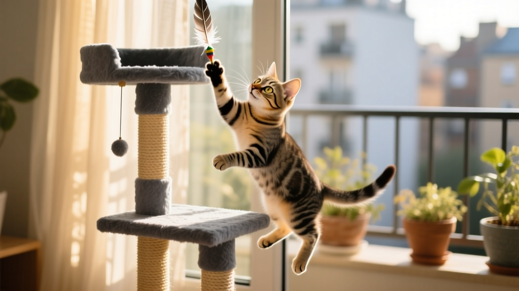 A small cat playing with a dangling toy on a charcoal-colored compact cat tree near a sunny window