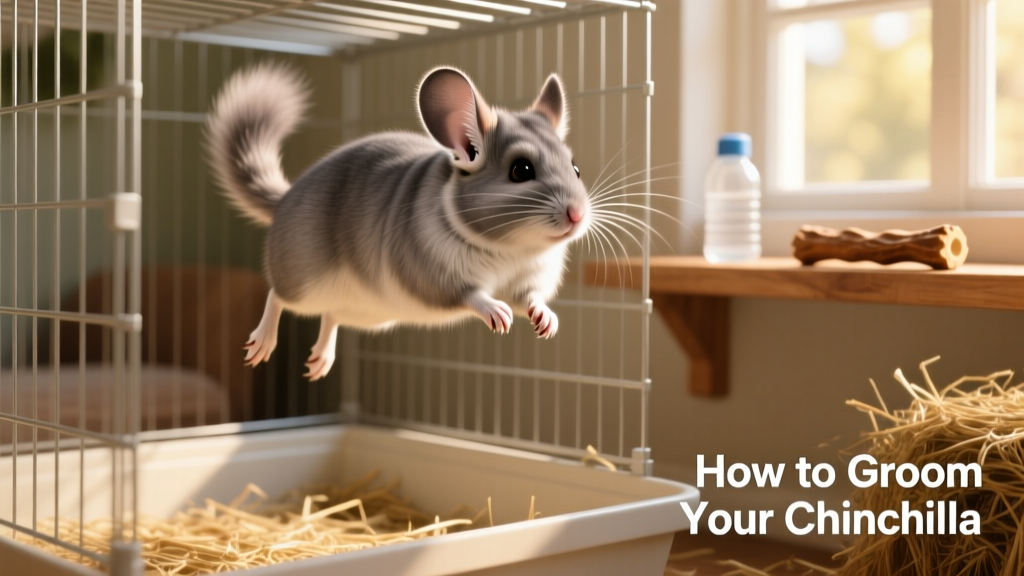 A freshly groomed chinchilla hopping playfully back into its clean, fur-free cage