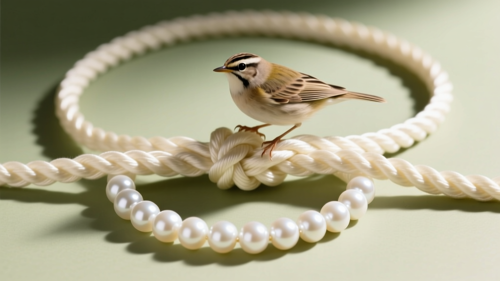 Overhead view of knotted cream silk cord holding white Akoya pearls, showing a lark's head loop on a neutral linen background.