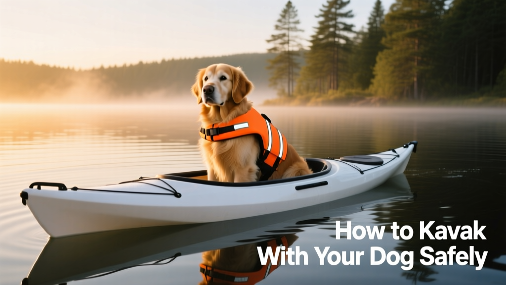 A golden retriever sitting calmly in a kayak on calm lake water, wearing a bright orange dog life jacket