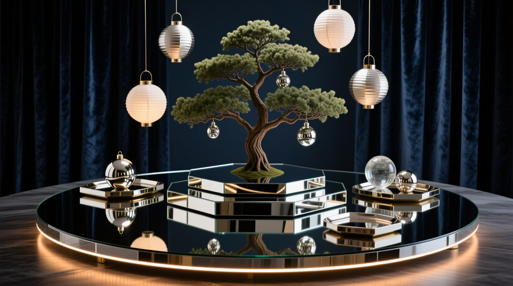how to transform a basic tabletop tree into a statement piece using mirrored trays and reflective decor