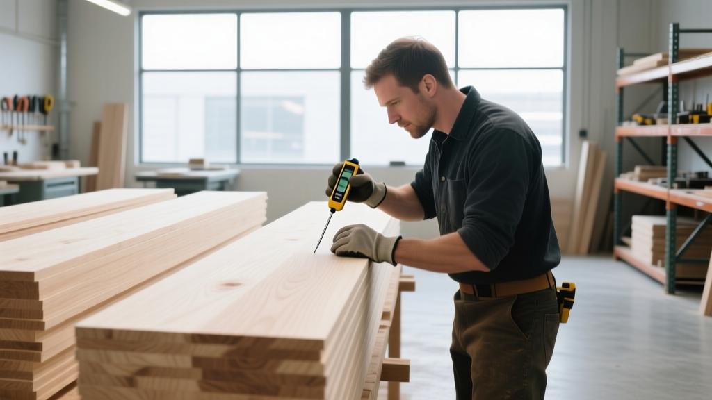 Carpenter using a pin-type moisture meter on a stack of kiln-dried white oak boards in a climate-controlled workshop before installation