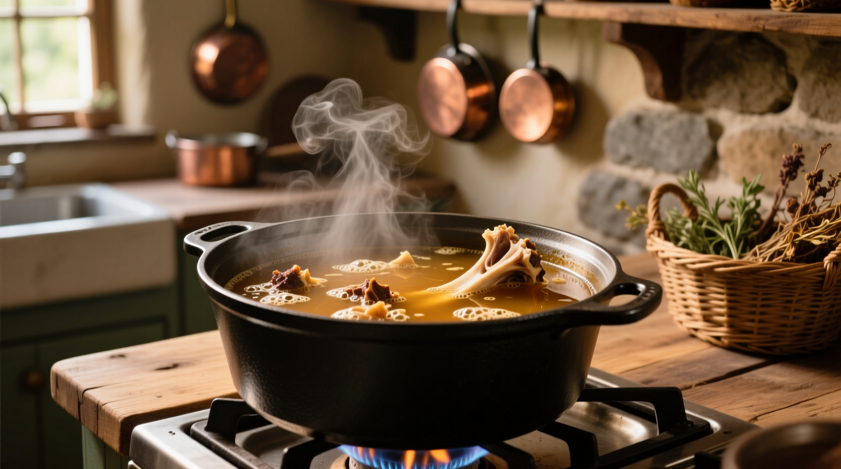 Homemade bone broth simmering in pot