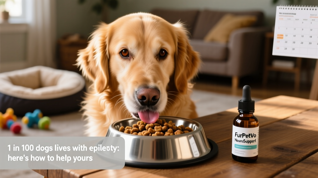 Close-up of a dog eating from a stainless steel bowl filled with kibble next to a small bottle labeled 'FurPetVo NeuroSupport'