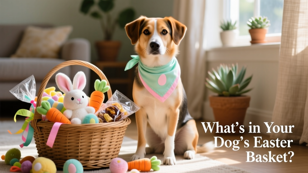 A well-dressed dog wearing a pastel Easter bandana and sitting beside a woven basket overflowing with toys and treats