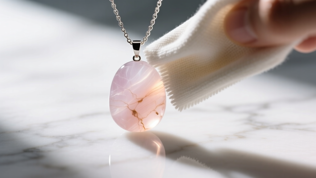 Microfiber cloth polishing a rose quartz cabochon pendant on a sterling silver chain, resting on a clean white marble surface