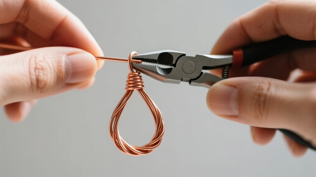 Hands using nylon jaw pliers to bend a 16-gauge half-hard copper wire into a teardrop frame for a wire-wrapped pendant project.