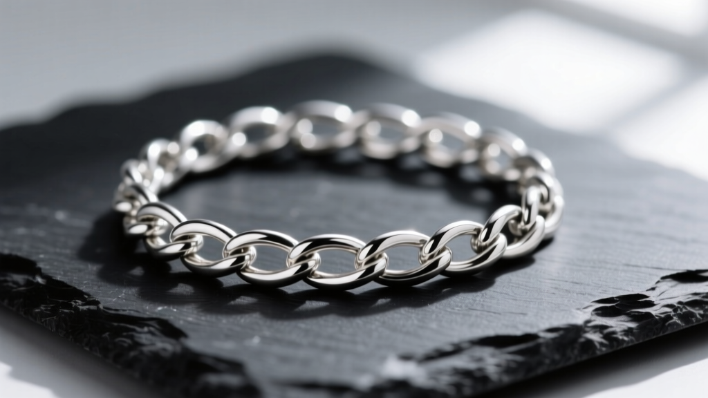 Macro photo of a 3mm sterling silver snake chain on black slate, highlighting the smooth, tightly wound interlocking metal rings
