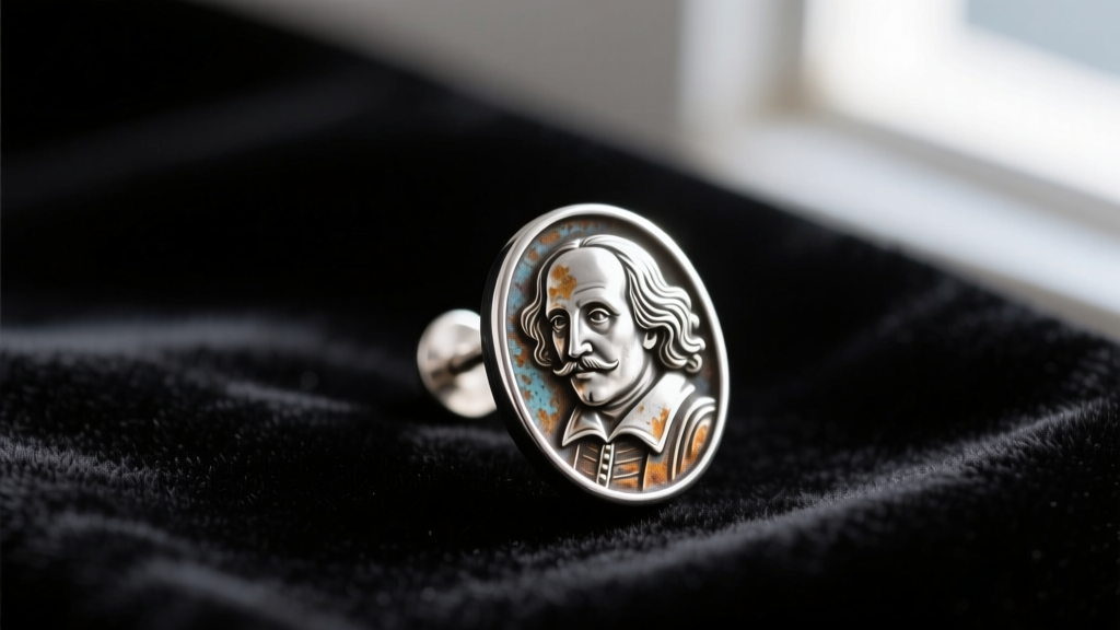 Macro shot of an oxidized sterling silver William Shakespeare earring with a detailed profile cameo resting on dark velvet cloth