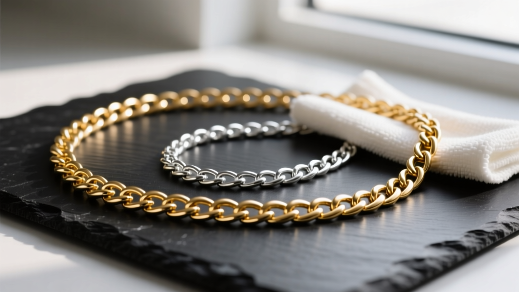 Close-up of an 18-inch gold chain and a 20-inch silver chain on dark slate, illuminated by soft light with a cleaning cloth.