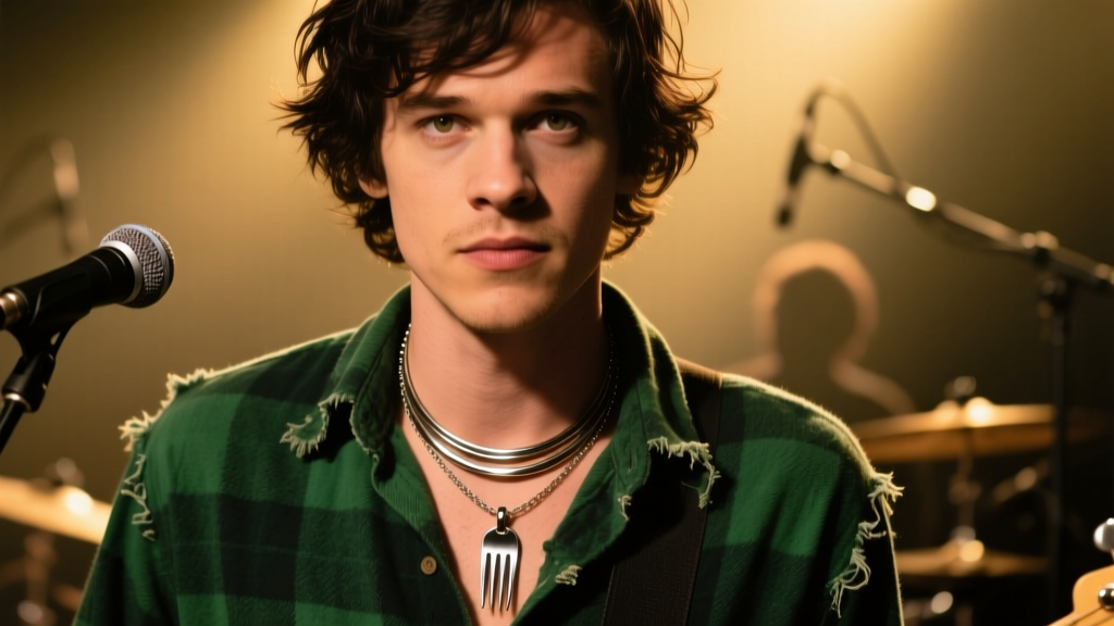 Portrait of a musician wearing a layered steel fork pendant over a vintage flannel shirt, illuminated by warm, hazy stage lights.