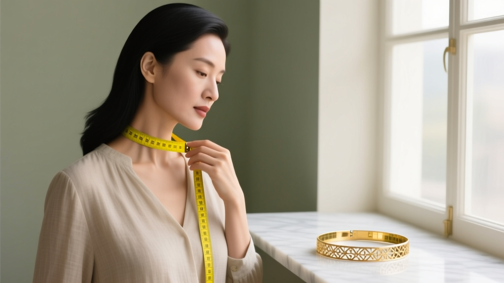 Woman measuring her neck with a yellow soft tailor tape to determine the correct size for a custom gold vermeil choker necklace
