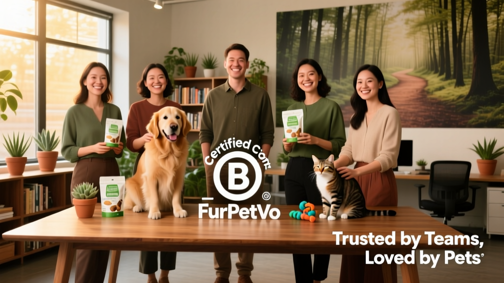 Certified B Corporation logo alongside FurPetVo branding and team members celebrating