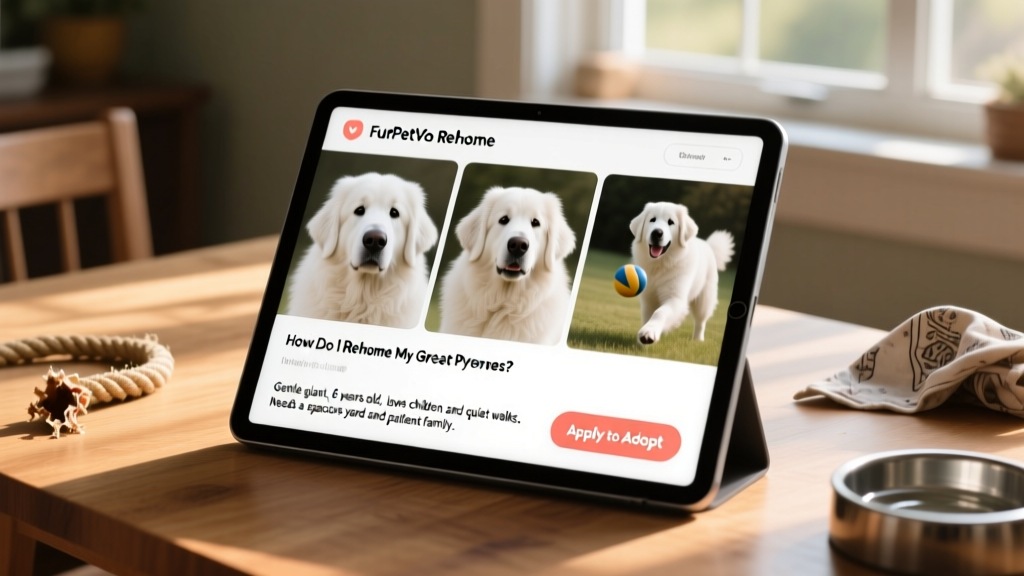 Screenshot-style mockup showing a FurPetVo Rehome profile page with photos, bio section, and 'Apply to Adopt' button