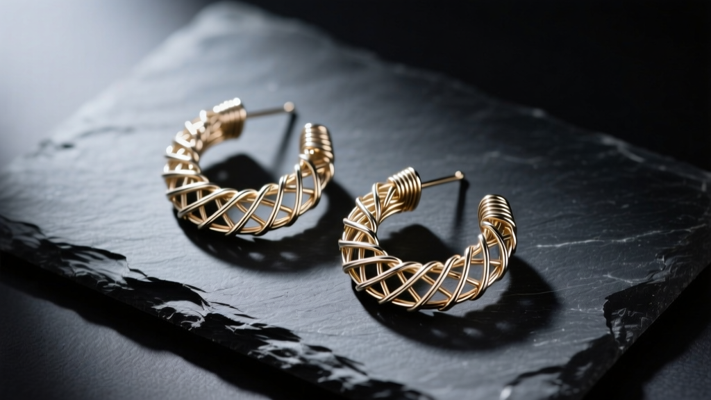 Flat lay of handmade wire earrings on dark slate showing flush-cut ends and secure woven bezels under bright studio lighting.
