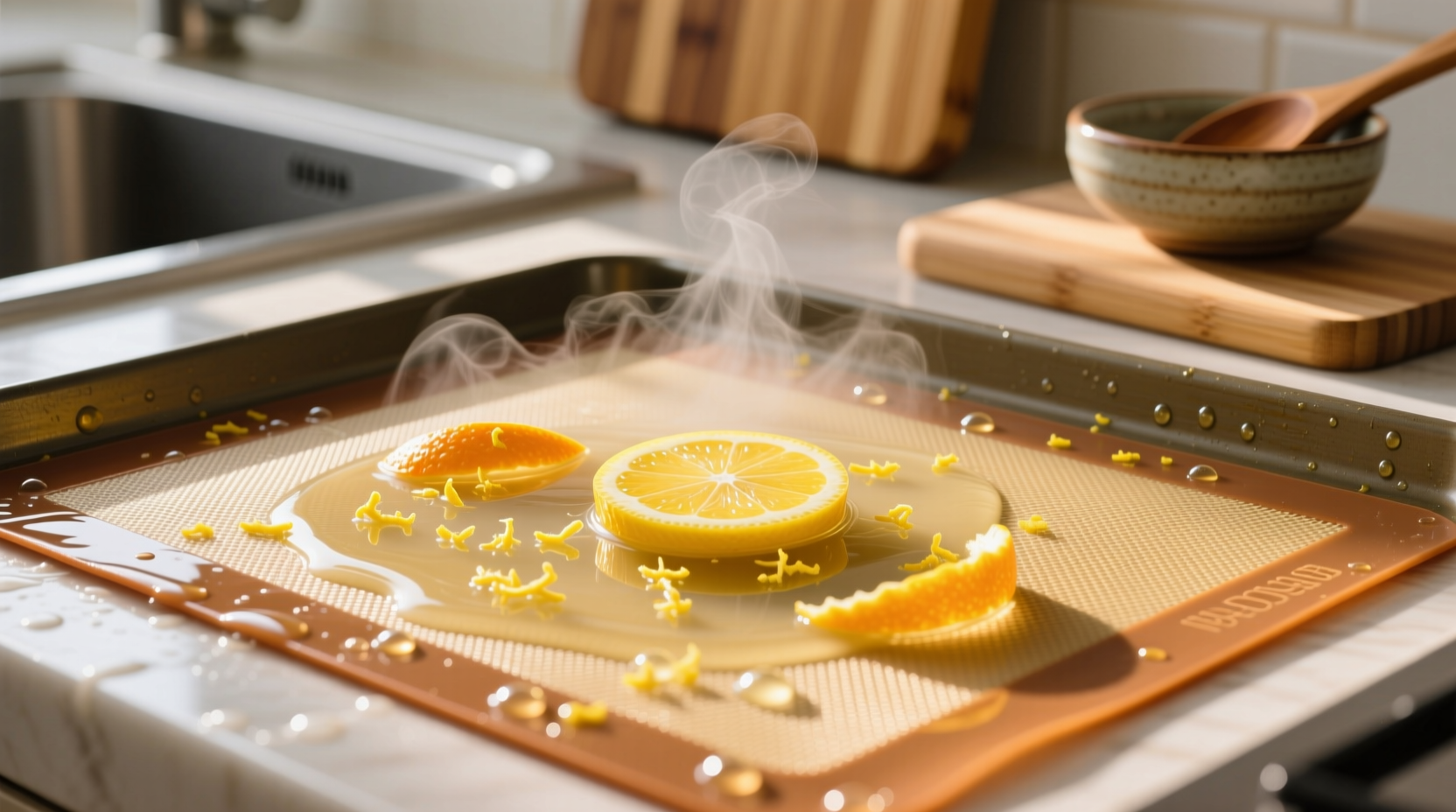 eco friendly silicone mat cleaning with lemon zest