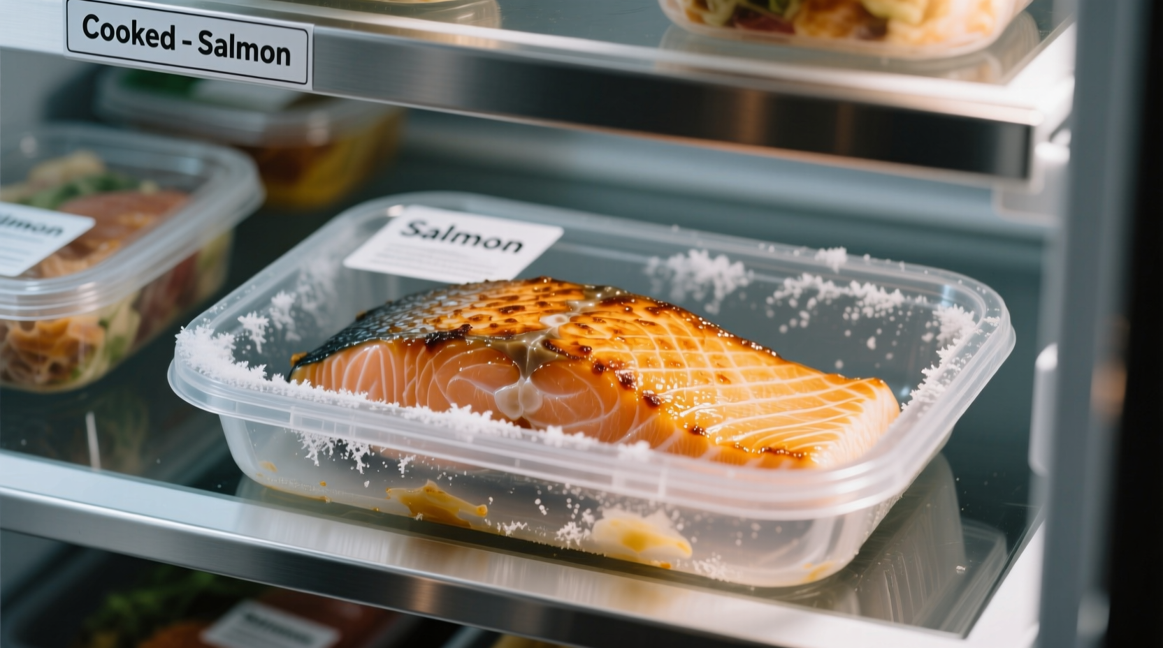 Cooked salmon in airtight container in refrigerator