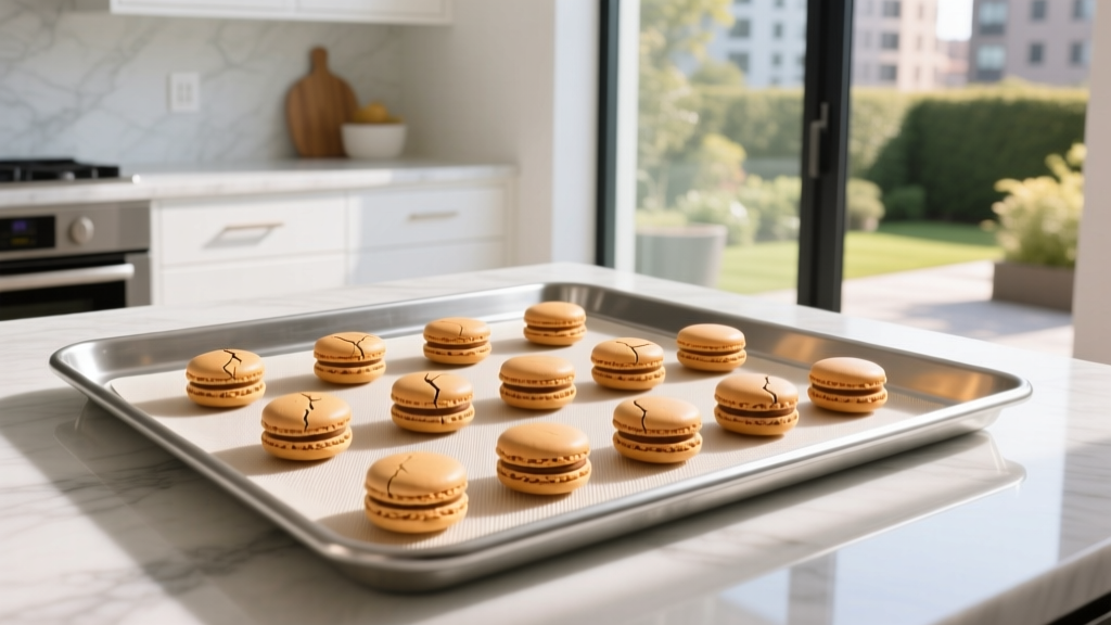 Platinum-cured silicone baking mat lined with golden-brown macarons resting on a stainless steel half-sheet pan in a bright modern kitchen