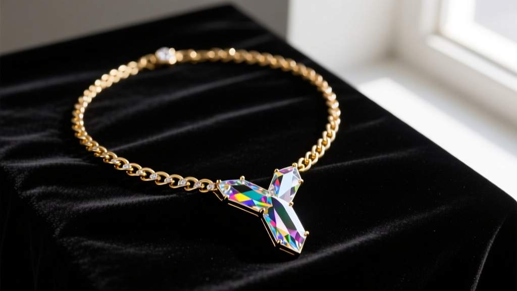 Vintage Givenchy crystal lariat necklace resting on black velvet, showcasing the gold-tone chain and faceted Y-drop pendant.