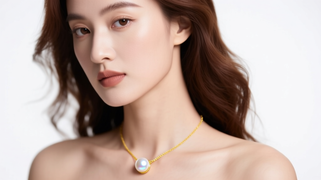Elegant woman wearing an 8mm white Akoya pearl pendant on a 14k yellow gold chain, soft studio lighting, timeless.