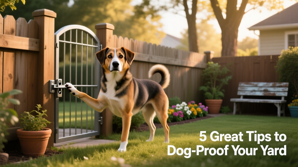 Dog standing beside a sturdy, well-maintained backyard fence with a secure gate
