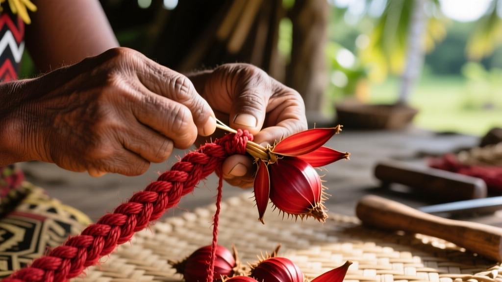Samoan artisan hands threading dried red pandanus fruit segments onto thick traditional coconut sennit cord in natural sunlight