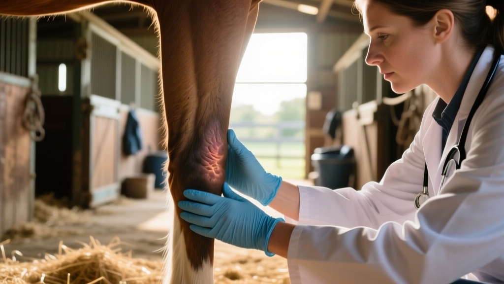 Close-up of a horse’s hock joint showing subtle swelling and warmth, with gentle palpation by a veterinarian