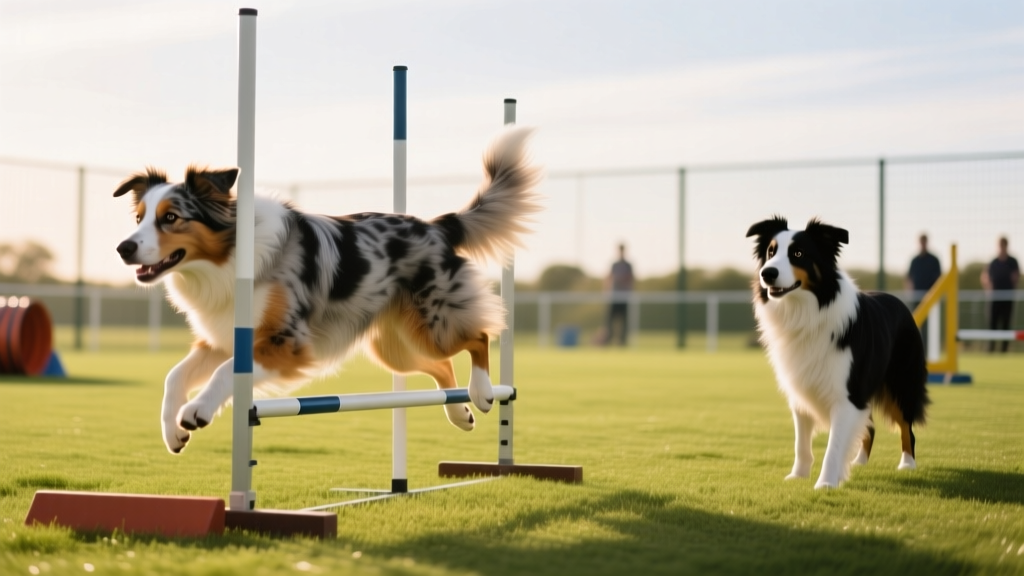 An Australian Shepherd navigating a weave pole agility course while a Border Collie waits at the start line demonstrating focused obedience