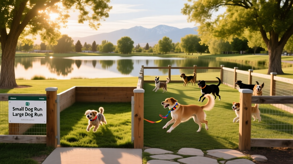 Two fenced dog runs side-by-side at Liberty Park—one for small dogs, one for large—with trees and a lagoon in the background