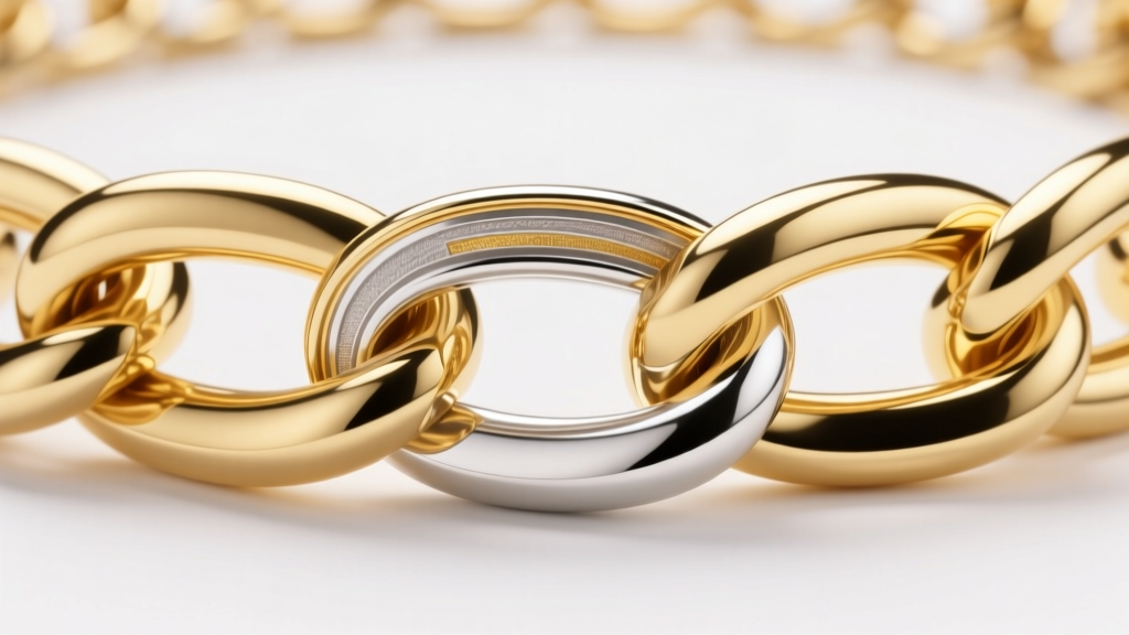 Cross-section render of an 18k gold vermeil chain link, highlighting the thick gold layer over a sterling silver base metal.