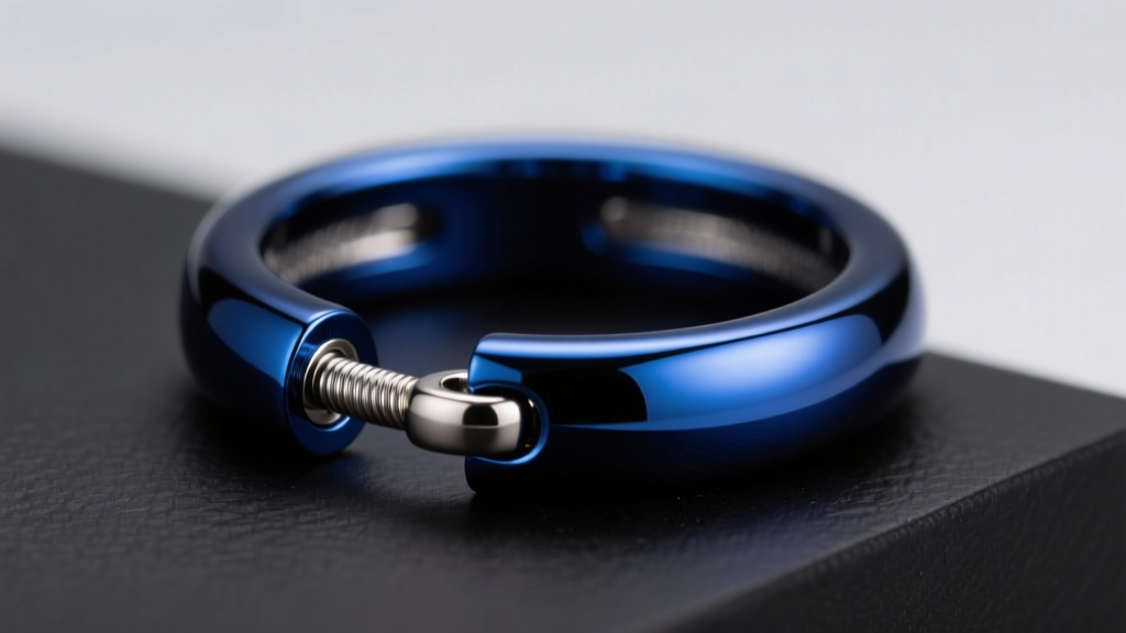 Macro shot of a 16-gauge anodized titanium cartilage hoop showing a deep navy blue finish and a secure clicker closure mechanism